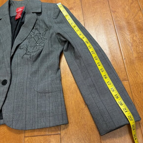 Oscar De La Renta Women Blazer 8P Gray Plaid Rhinestone Floral Design Career - Picture 12 of 16